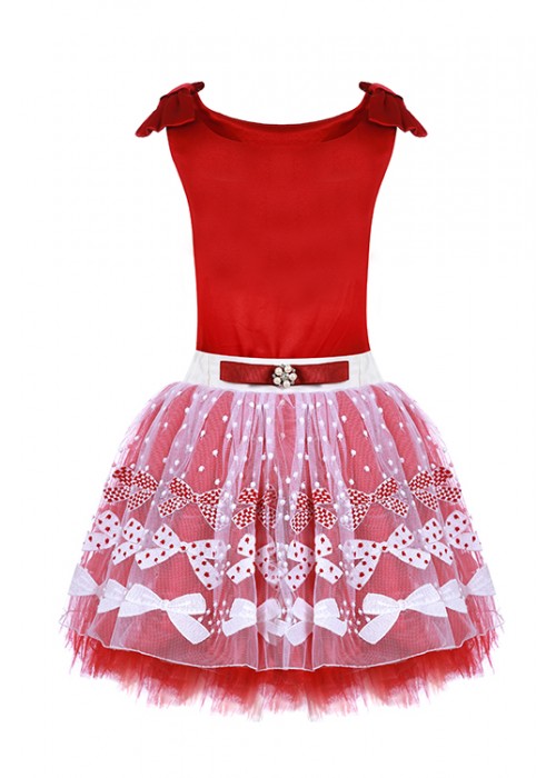 Suit shirt red silk and white lace skirt on red tulle
