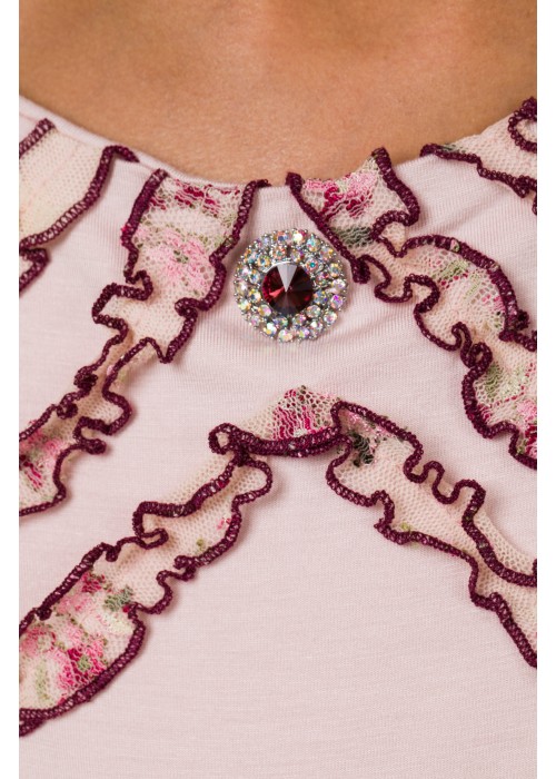 Suit T-shirt with burgundy rose mesh trim and pale pink skirt