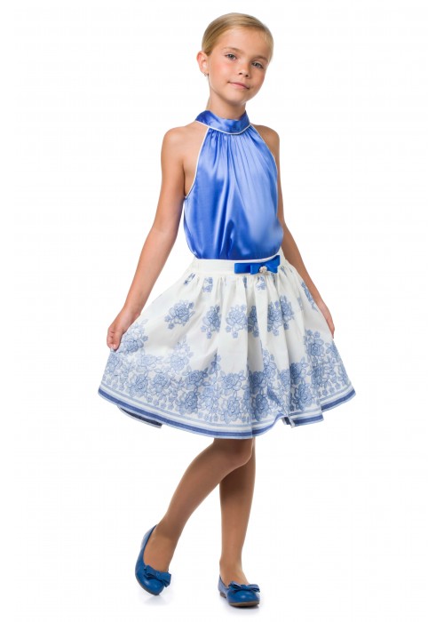 Suit shirt blue silk and milk skirt with blue embroidery