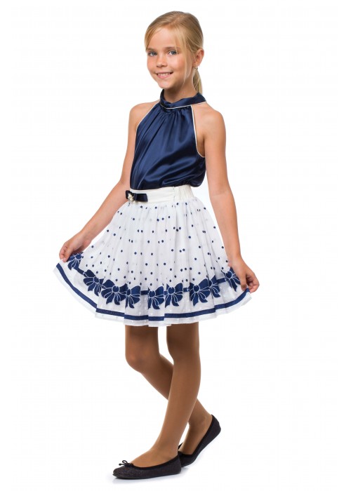 Costume skirt made of milk batiste with blue bows and a shirt made of blue silk